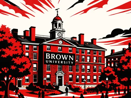 Illustration in red, white, and black of the Brown University campus.